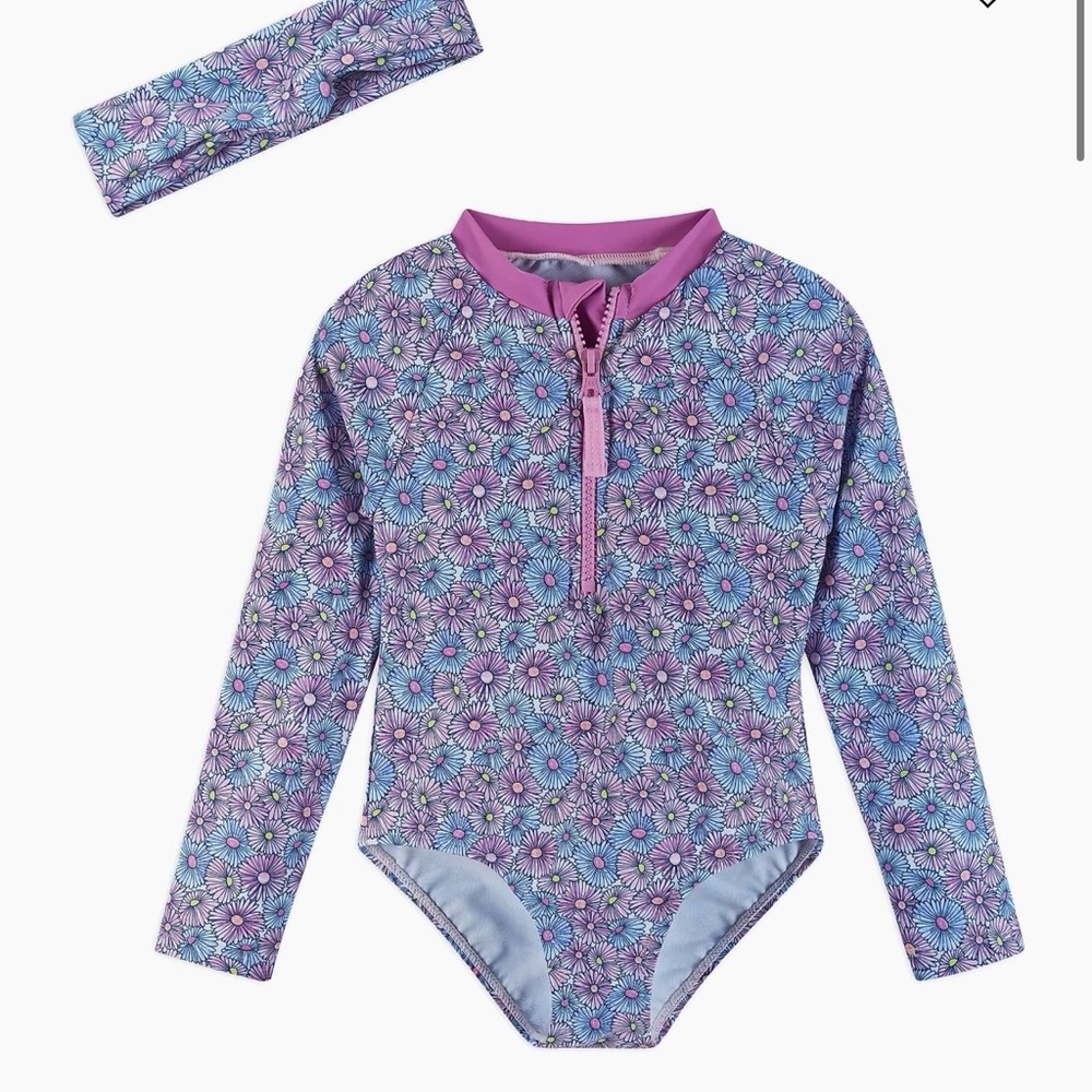 Andy & Evan Purple Floral Long-Sleeve Rash Guard Swimsuit with Headband